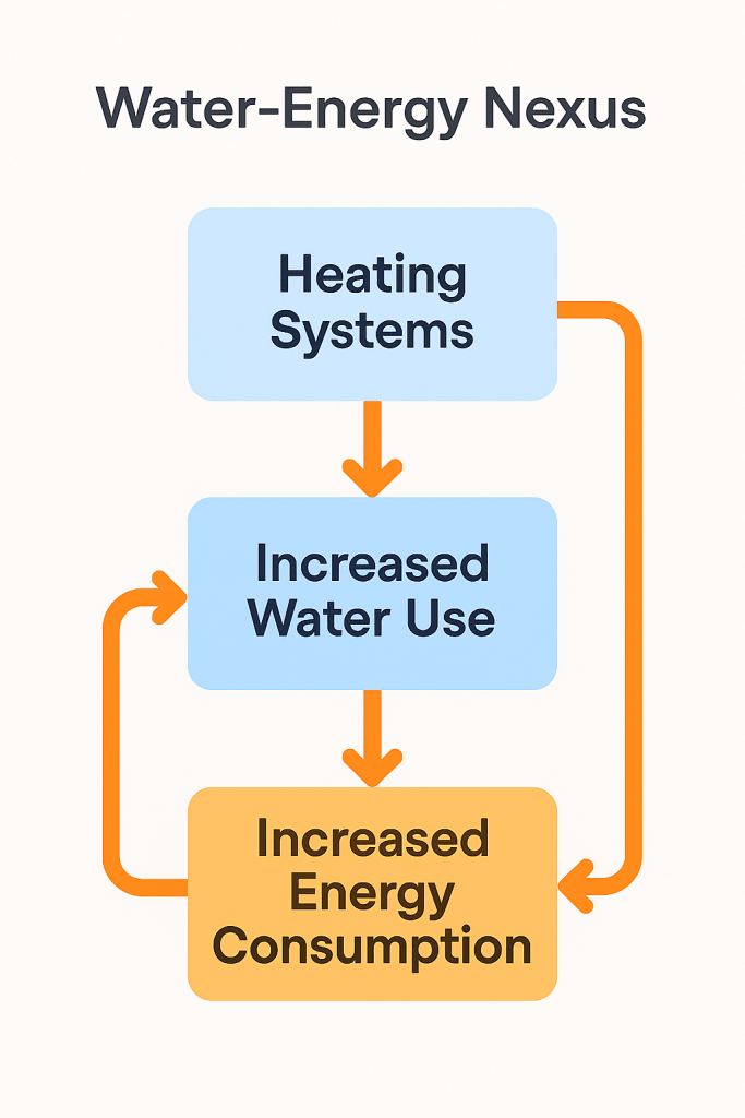 Diagram showing the cyclical relationship between water use and energy consumption in heating systems.